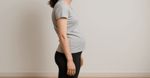 スウェイバック姿勢の女性で、ぽっこりお腹・腰痛に悩んでいる。