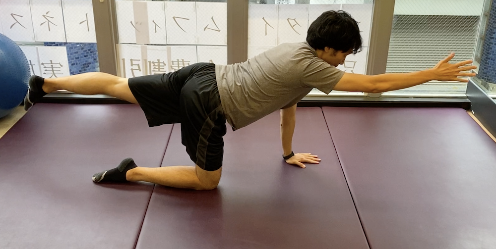 体幹トレーニング（ダイアゴナルキープ）を行っている男性トレーナー